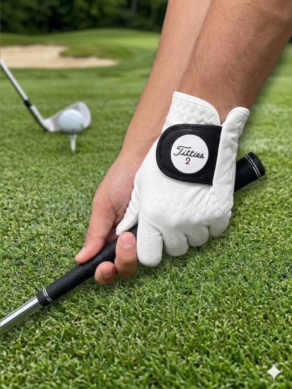 Men’s White Golf Glove. Titleist spoof. Kick ass golf gear. “Titties 2”